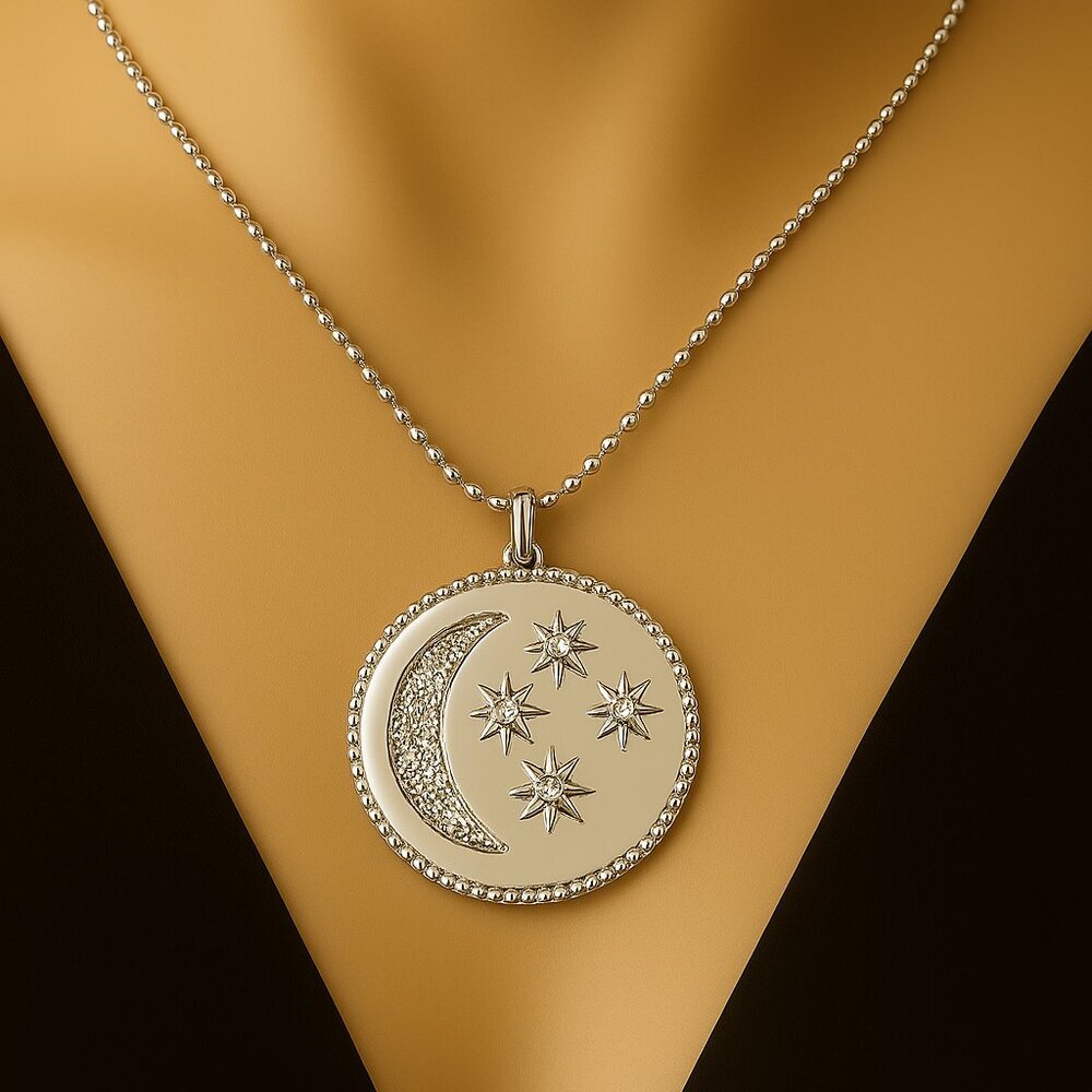 Swarovski Crystal Moon & Stars Pendant Necklace, Sterling Silver Overlay Jewelry